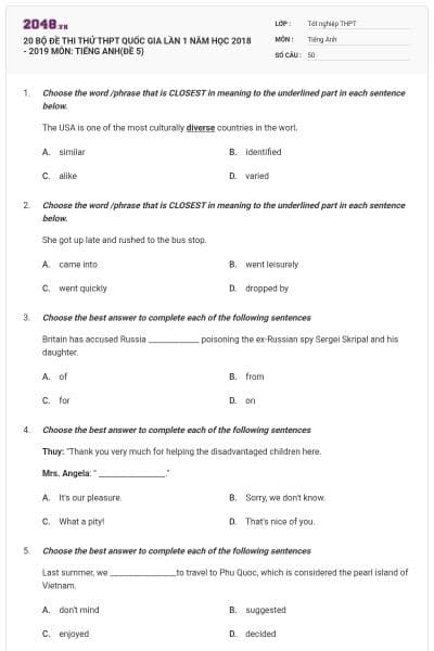 20 BỘ ĐỀ THI THỬ THPT QUỐC GIA LẦN 1 NĂM HỌC 2018 - 2019 MÔN: TIẾNG ANH(ĐỀ 5)