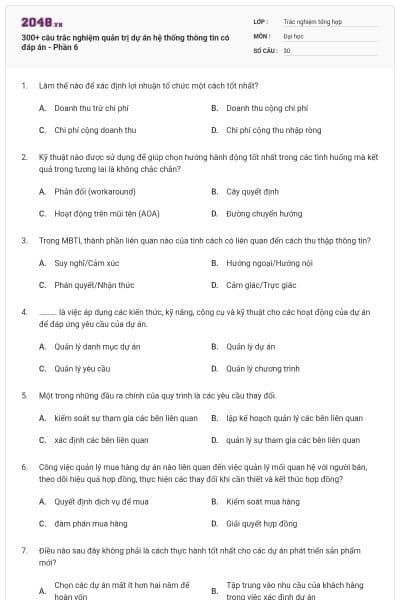300+ câu trắc nghiệm quản trị dự án hệ thống thông tin có đáp án - Phần 6
