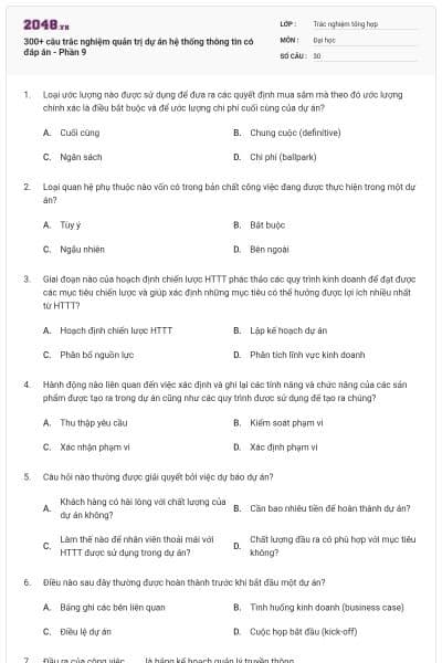 300+ câu trắc nghiệm quản trị dự án hệ thống thông tin có đáp án - Phần 9