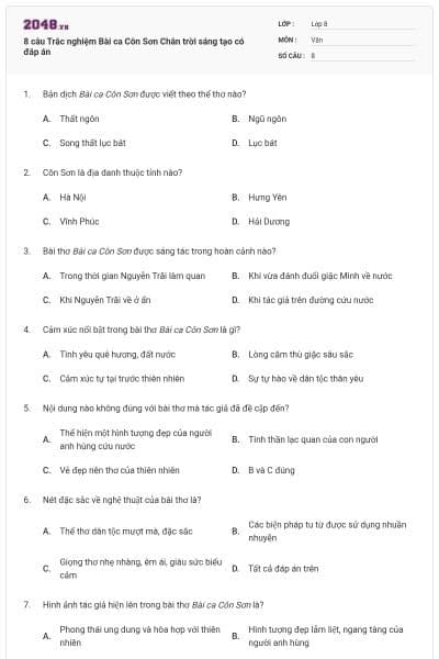 8 câu Trắc nghiệm Bài ca Côn Sơn Chân trời sáng tạo có đáp án