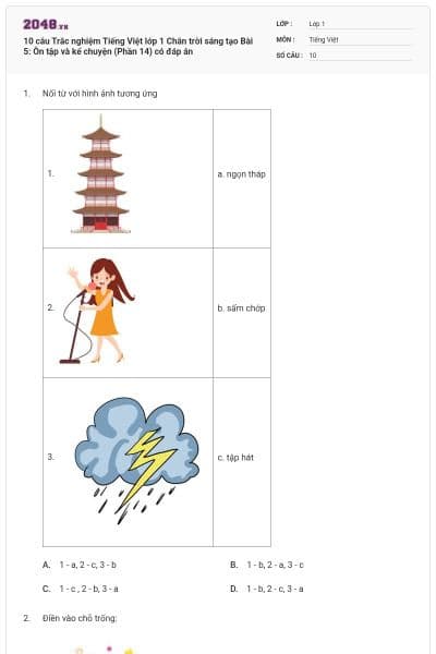 10 câu Trắc nghiệm Tiếng Việt lớp 1 Chân trời sáng tạo Bài 5: Ôn tập và kể chuyện (Phần 14) có đáp án