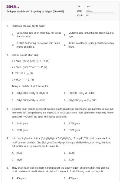 Ôn luyện hóa hữu cơ 12 cực hay có lời giải (Đề số 03)