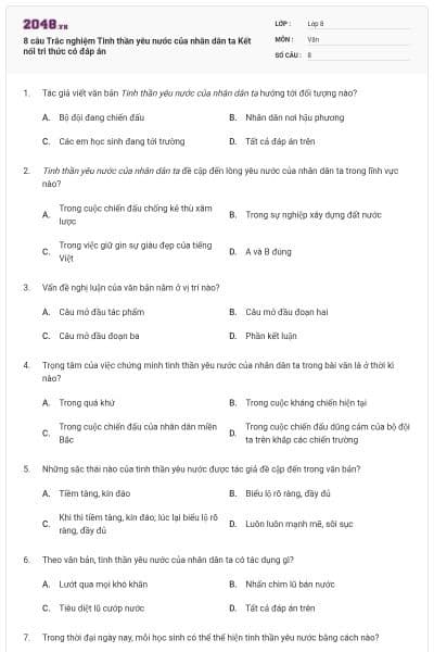 8 câu Trắc nghiệm Tinh thần yêu nước của nhân dân ta Kết nối tri thức có đáp án