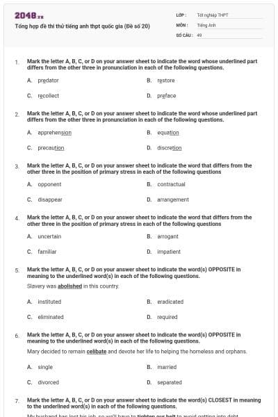 Tổng hợp đề thi thử tiếng anh thpt quốc gia (Đề số 20)