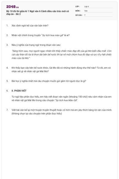 Bộ 10 đề thi giữa kì 1 Ngữ văn 6 Cánh diều cấu trúc mới có đáp án - Đề 2