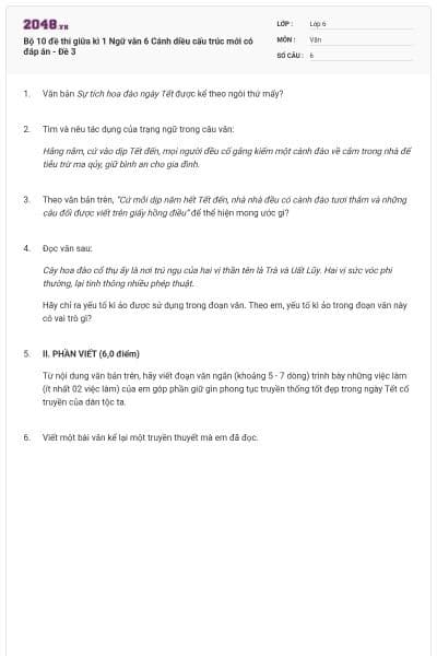 Bộ 10 đề thi giữa kì 1 Ngữ văn 6 Cánh diều cấu trúc mới có đáp án - Đề 3