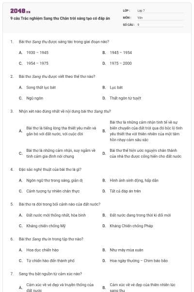 9 câu Trắc nghiệm Sang thu Chân trời sáng tạo có đáp án