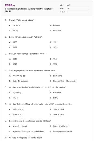 8 câu Trắc nghiệm tác gủa Vũ Hùng Chân trời sáng tạo có đáp án