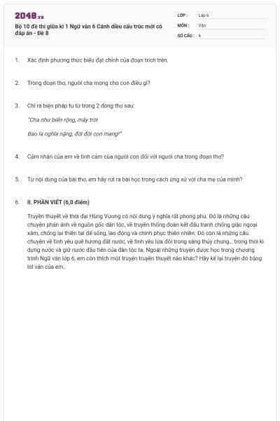 Bộ 10 đề thi giữa kì 1 Ngữ văn 6 Cánh diều cấu trúc mới có đáp án - Đề 8