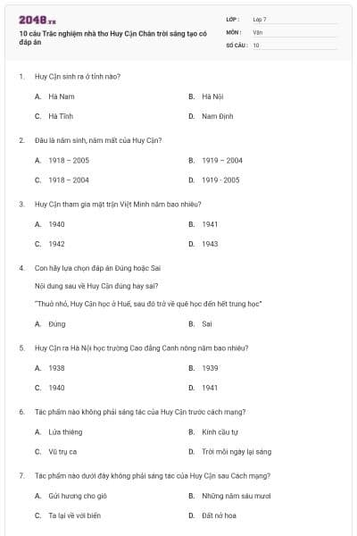 10 câu Trắc nghiệm nhà thơ Huy Cận Chân trời sáng tạo có đáp án