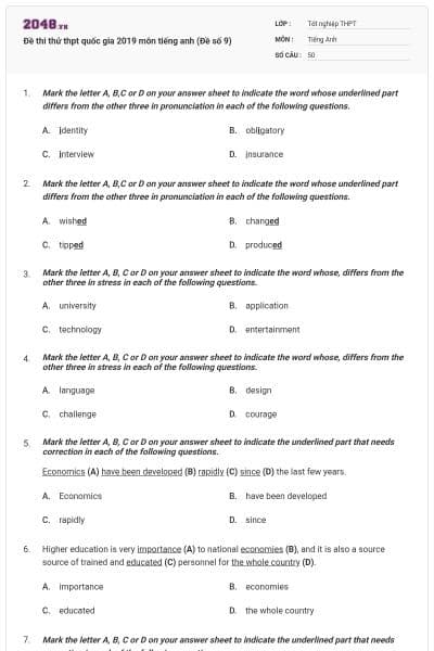 Đề thi thử thpt quốc gia 2019 môn tiếng anh (Đề số 9)