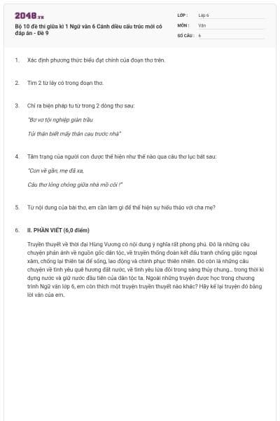 Bộ 10 đề thi giữa kì 1 Ngữ văn 6 Cánh diều cấu trúc mới có đáp án - Đề 9