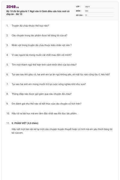 Bộ 10 đề thi giữa kì 1 Ngữ văn 6 Cánh diều cấu trúc mới có đáp án - Đề 10