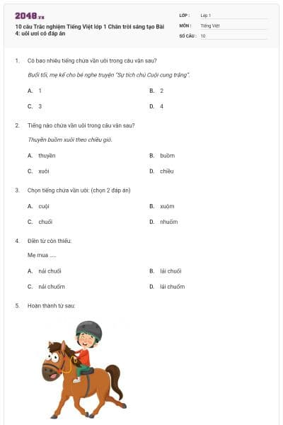 10 câu Trắc nghiệm Tiếng Việt lớp 1 Chân trời sáng tạo Bài 4: uôi ươi có đáp án