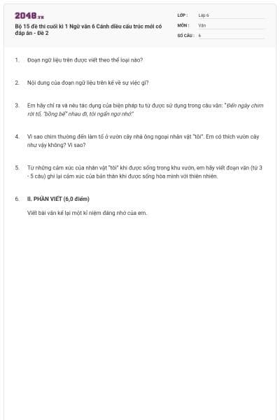 Bộ 15 đề thi cuối kì 1 Ngữ văn 6 Cánh diều cấu trúc mới có đáp án - Đề 2