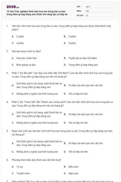 10 câu Trắc nghiệm Hình ảnh hoa sen trong bài ca dao trong đầm gì đẹp bằng sen Chân trời sáng tạo có đáp án