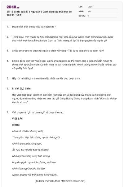 Bộ 15 đề thi cuối kì 1 Ngữ văn 6 Cánh diều cấu trúc mới có đáp án - Đề 6