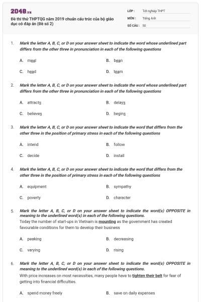 Đề thi thử THPTQG năm 2019 chuẩn cấu trúc của bộ giáo dục có đáp án (Đề số 2)