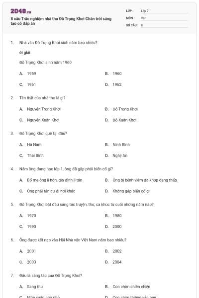 8 câu Trắc nghiệm nhà thơ Đỗ Trọng Khơi Chân trời sáng tạo có đáp án