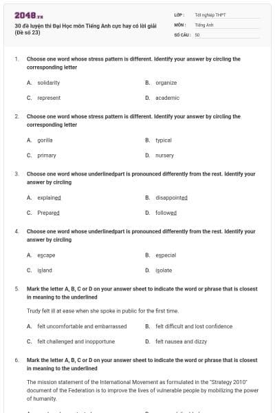 30 đề luyện thi Đại Học môn Tiếng Anh cực hay có lời giải (Đề số 23)