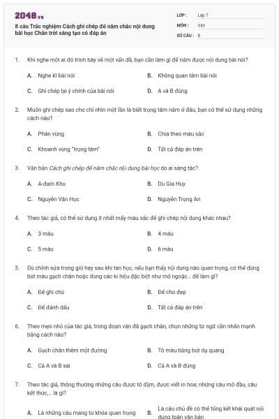 8 câu Trắc nghiệm Cách ghi chép để nắm chắc nội dung bài học Chân trời sáng tạo có đáp án