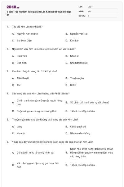 6 câu Trắc nghiệm Tác giả Kim Lân Kết nối tri thức có đáp án