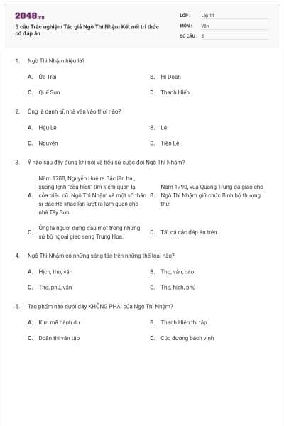 5 câu Trắc nghiệm Tác giả Ngô Thì Nhậm Kết nối tri thức có đáp án