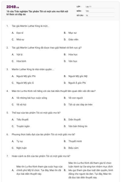 16 câu Trắc nghiệm Tác phẩm Tôi có một ước mơ Kết nối tri thức có đáp án