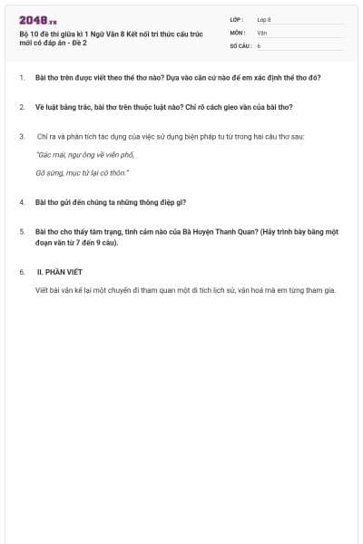 Bộ 10 đề thi giữa kì 1 Ngữ Văn 8 Kết nối tri thức cấu trúc mới có đáp án - Đề 2