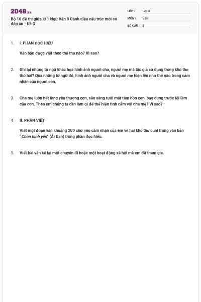 Bộ 10 đề thi giữa kì 1 Ngữ Văn 8 Cánh diều cấu trúc mới có đáp án - Đề 3