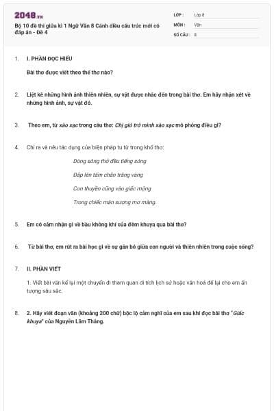 Bộ 10 đề thi giữa kì 1 Ngữ Văn 8 Cánh diều cấu trúc mới có đáp án - Đề 4