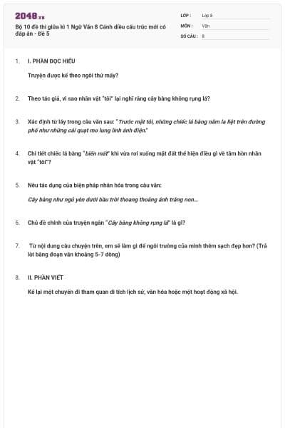 Bộ 10 đề thi giữa kì 1 Ngữ Văn 8 Cánh diều cấu trúc mới có đáp án - Đề 5