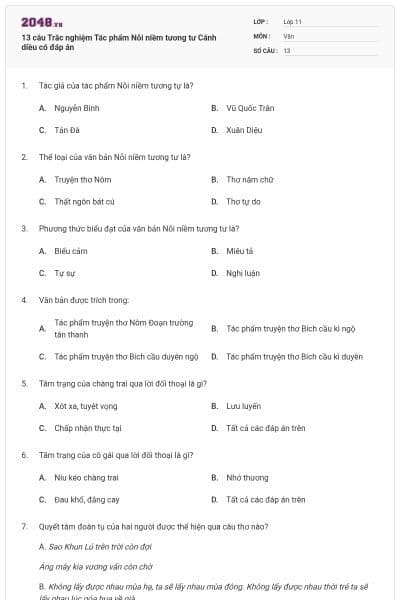 13 câu Trắc nghiệm Tác phẩm Nỗi niềm tương tư Cánh diều có đáp án