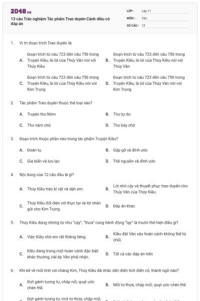 13 câu Trắc nghiệm Tác phẩm Trao duyên Cánh diều có đáp án