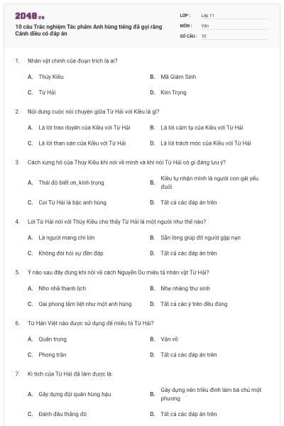 10 câu Trắc nghiệm Tác phẩm Anh hùng tiếng đã gọi rằng Cánh diều có đáp án