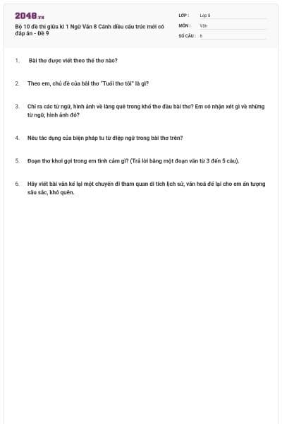 Bộ 10 đề thi giữa kì 1 Ngữ Văn 8 Cánh diều cấu trúc mới có đáp án - Đề 9