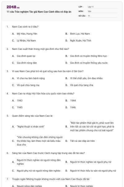 11 câu Trắc nghiệm Tác giả Nam Cao Cánh diều có đáp án