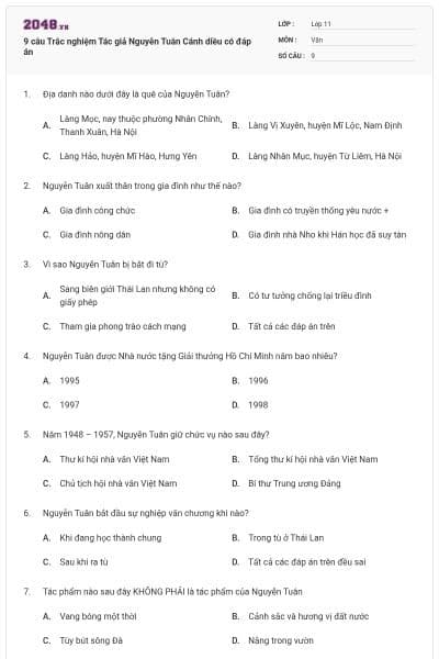 9 câu Trắc nghiệm Tác giả Nguyễn Tuân Cánh diều có đáp án