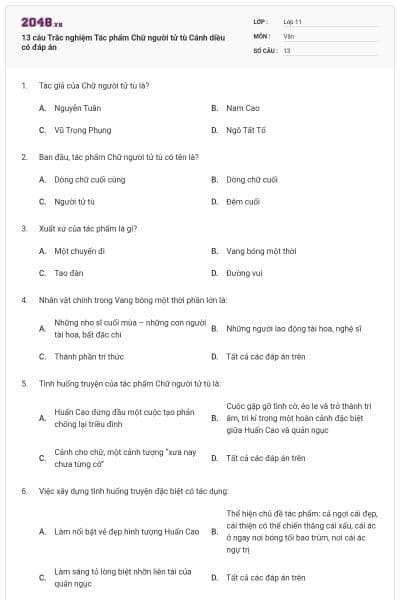 13 câu Trắc nghiệm Tác phẩm Chữ người tử tù Cánh diều có đáp án