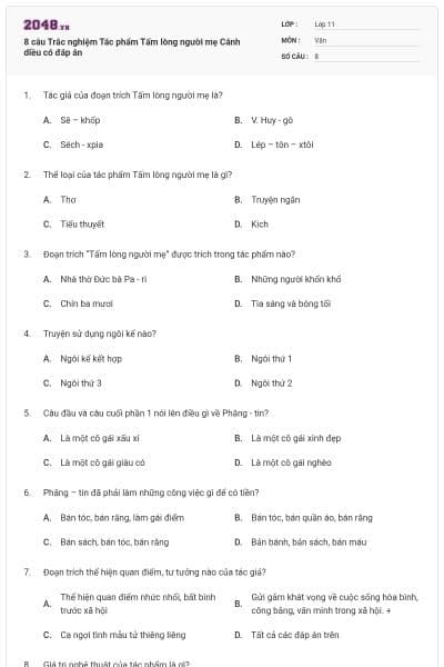 8 câu Trắc nghiệm Tác phẩm Tấm lòng người mẹ Cánh diều có đáp án