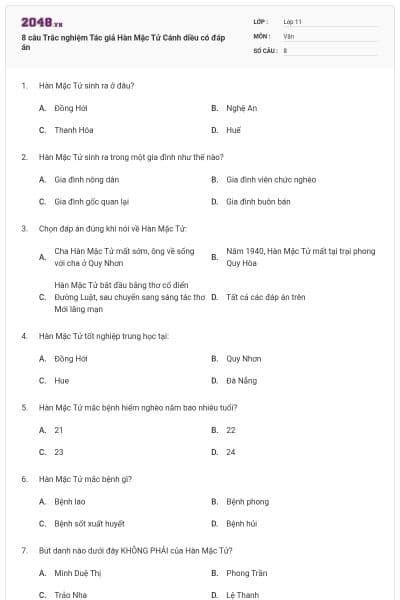 8 câu Trắc nghiệm Tác giả Hàn Mặc Tử Cánh diều có đáp án