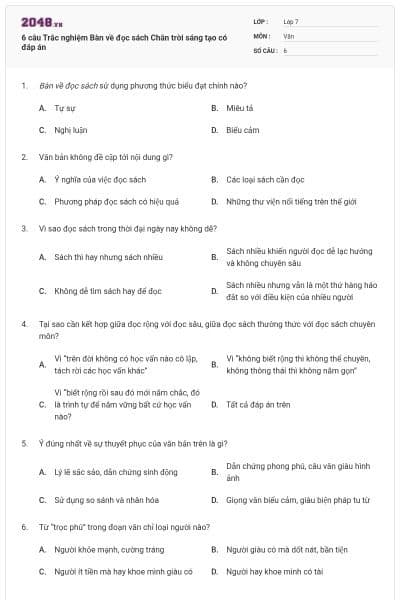 6 câu Trắc nghiệm Bàn về đọc sách Chân trời sáng tạo có đáp án