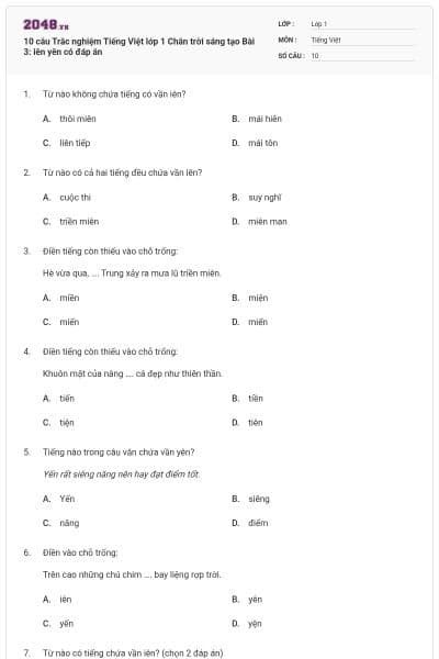 10 câu Trắc nghiệm Tiếng Việt lớp 1 Chân trời sáng tạo Bài 3: iên yên có đáp án