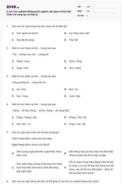 6 câu Trắc nghiệm Những kinh nghiệm dân gian về thời tiết Chân trời sáng tạo có đáp án