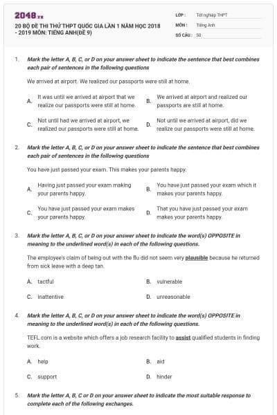 20 BỘ ĐỀ THI THỬ THPT QUỐC GIA LẦN 1 NĂM HỌC 2018 - 2019 MÔN: TIẾNG ANH(ĐỀ 9)