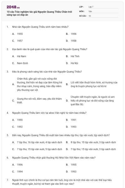 10 câu Trắc nghiệm tác giả Nguyễn Quang Thiều Chân trời sáng tạo có đáp án