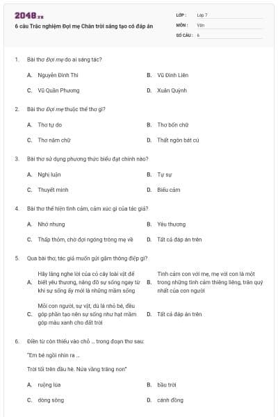 6 câu Trắc nghiệm Đợi mẹ Chân trời sáng tạo có đáp án