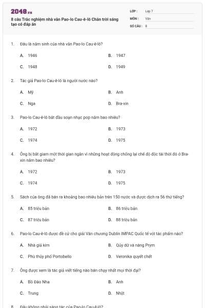 8 câu Trắc nghiệm nhà văn Pao-lo Cau-ê-lô Chân trời sáng tạo có đáp án