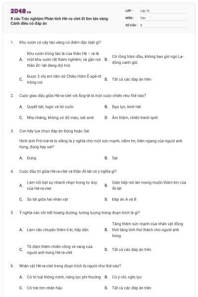8 câu Trắc nghiệm Phân tích Hê-ra-clet đi tìm táo vàng Cánh diều có đáp án