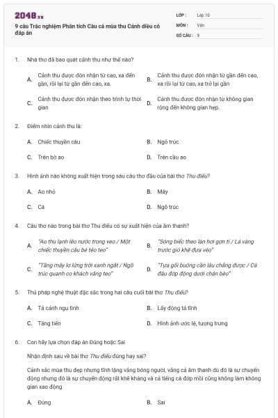 9 câu Trắc nghiệm Phân tích Câu cá mùa thu Cánh diều có đáp án